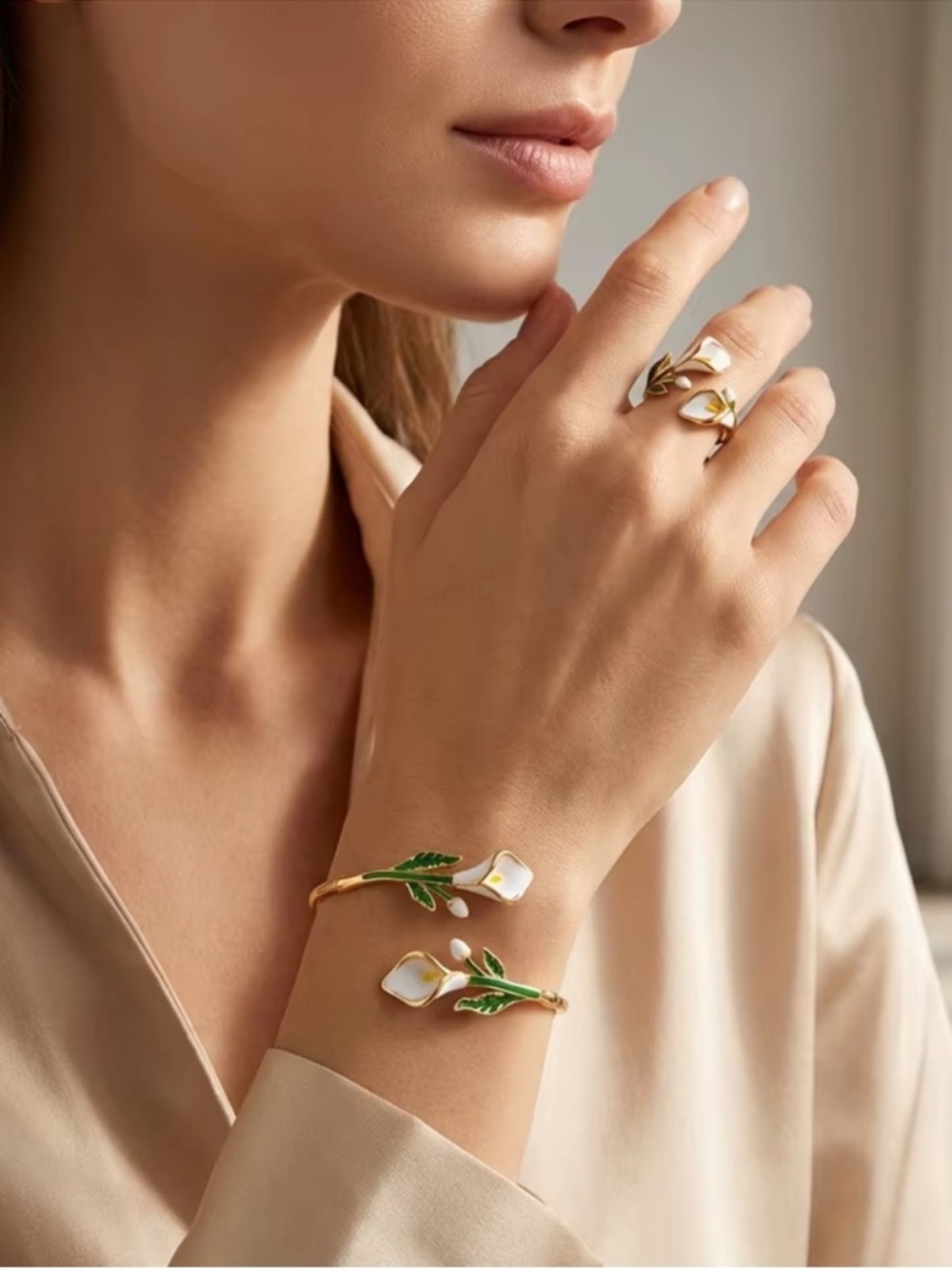 Anthropologie Gold Floral Bracelet and Ring Set